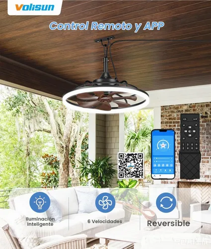 Vista 3 de VOLISUN Ventiladores de techo para exteriores con luz para patios, ventilador de techo resistente a la intemperie, enchufe de 19.7 pulgadas Madera