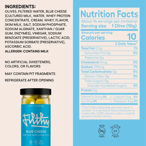Vista 2 de Aceitunas rellenas de queso azul sucio, guarnición de cóctel de alta calidad, tarro de 8.5 onzas