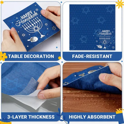 Vista 7 de Honoson 100 servilletas de Hanukkah de Janucá, servilletas desechables de papel, servilletas de cóctel para invitados, servilletas de cena
