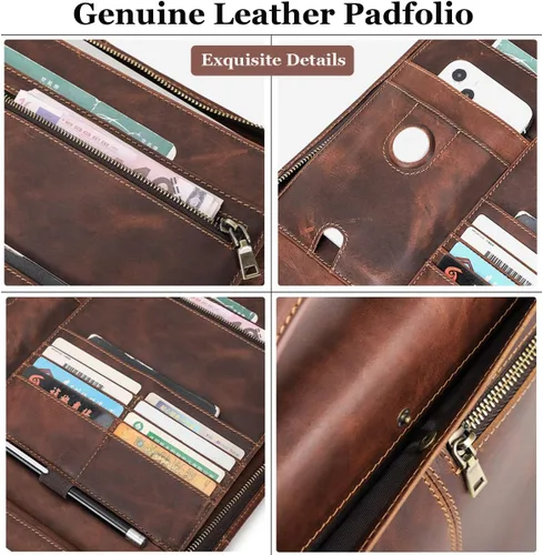 Vista 2 de Portafolio - Portafolio de cuero genuino - Organizador de cuaderno de negocios con cremallera y asa para currículum y trabajo - Padfolio