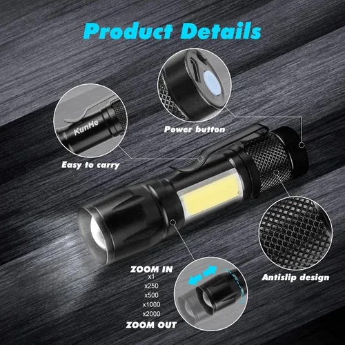 Vista 4 de KunHe Paquete de 4 linternas recargables USB-C mini pequeñas LED Linternas brillantes con clip Ligero EDC con luz lateral COB para camping, hogar