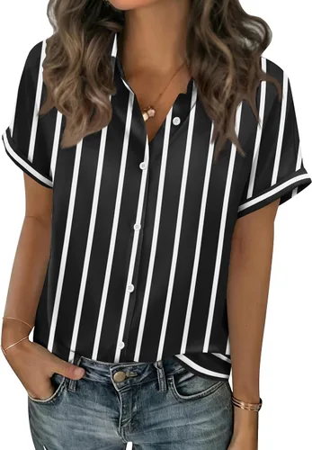 Vista 9 de Zeagoo Blusas de verano de manga corta para mujer, camisas casuales con botones, blusas de trabajo de negocios sólidas/a rayas