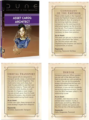 Vista 5 de Dune: Cartas de activos – Baraja de expansión de arquitecto – Dune Adventures in The Imperium, 56 cartas RPG expansión, paquete de accesorios, cada