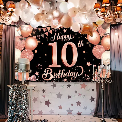 Vista 8 de KatchOn Cartel de cumpleaños número 10 de oro rosa - XL, 72 x 44 pulgadas Telón de fondo de feliz cumpleaños 10