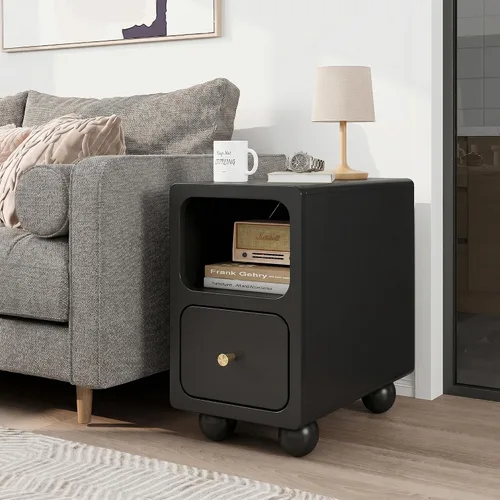 Vista 8 de Mesita de noche de madera maciza, mesita de noche estrecha con cajones, mesita de noche moderna negra de mediados de siglo, mesita de noche pequeña