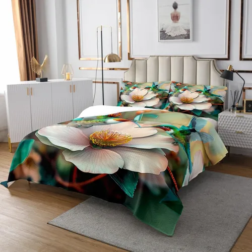 Vista 3 de Juego de ropa de cama floral 3D tamaño individual con colibrí, 2 piezas para niños, adolescentes, mujeres, hombres, decoración de habitación