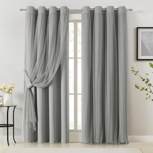 Vista 14 de Bujasso Cortinas 80% Opacas Beige con Superposición de Gasa Mezcla y Combinación Paneles de Ventana con Aislamiento Térmico de Doble Capa de 63