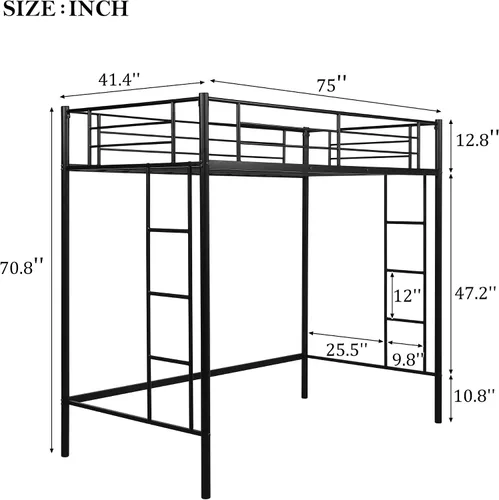 Vista 2 de Cama alta individual para niños, marco de cama alta resistente con 2 escaleras y barandillas de protección, cama alta moderna para dormitorio
