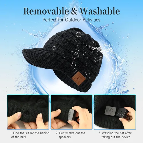 Vista 8 de Gorro Bluetooth para mujer con agujero para cola de caballo, gorro con auriculares integrado, micrófono integrado, regalos para mujer, W2-negro