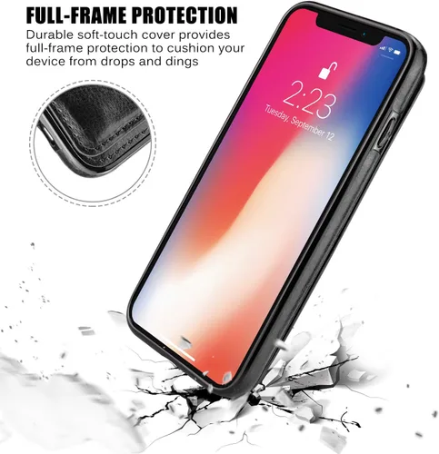 Vista 7 de Funda tipo cartera compatible con iPhone X/XS, funda protectora delgada con tarjetero y ranuras para tarjetas de piel sintética de alta calidad