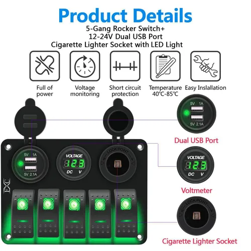 Vista 5 de FXC Interruptor basculante de 5 segmentos con doble ranura USB de 5 V 3.1 A + medidor de voltios + encendedor de cigarrillos para lanchas marinas