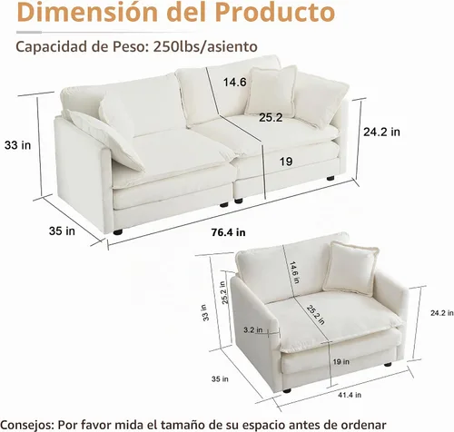 Vista 2 de mikibama Juego de sofá biplaza y sillón de lujo de 2 piezas, moderno juego de sofás nube tapizados de chenilla con 5 almohadas para sala de estar