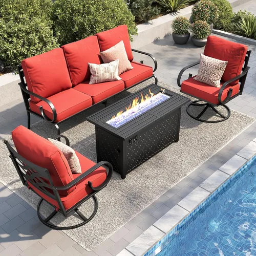 Vista 42 de PHI VILLA Patio Furniture Set with 4 Rocking Chairs & Fire Pit, Beige