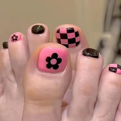 Vista 40 de Uñas postizas acrílicas artificiales negras para los dedos de los pies, ataúd a presión con diseños de flores blancas, uñas postizas reutilizables