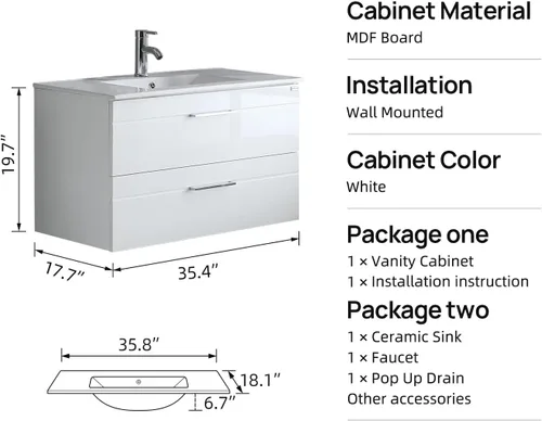 Vista 2 de wonline Juego de tocador de baño montado en la pared de 36 pulgadas, gabinete de almacenamiento con fregadero de cerámica combinado cromado grifo