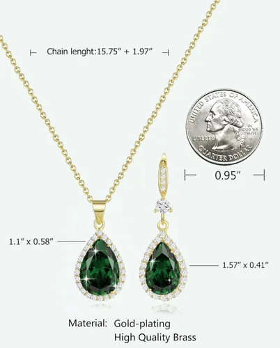 Vista 3 de Juego de joyas para mujer, collar con colgante de lágrima chapado en plataoro, aretes colgantes, juegos de piedras natales, diamantes de imitación