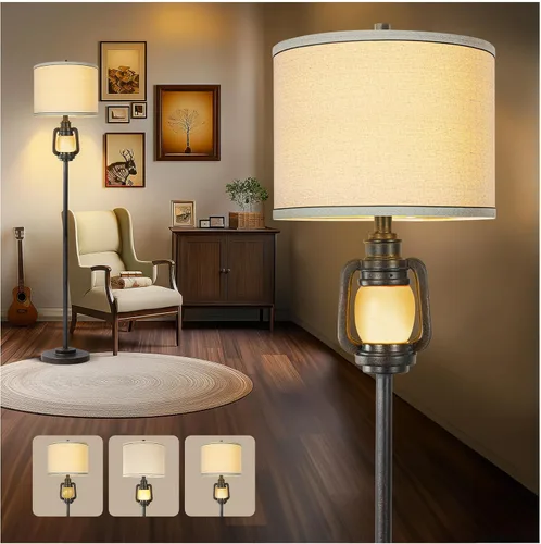 Vista 10 de Lámpara de pie rústica de granja de metal con bandeja para sala de estar con luz nocturna, lámpara alta vintage con pantalla de tela de lino