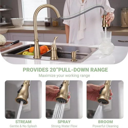 Vista 4 de APPASO - Grifo de cocina de 3 agujeros con mango lateral separado, color dorado cepillado Single Handle High Arc Kitchen Faucets with 3-Mode Pull