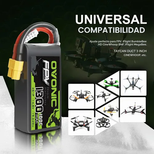 Vista 5 de OVONIC 4s Lipo Batería 100C 1300mAh 14.8V Lipo Batería con XT60 Conector para RC FPV Racing Drone Quadcopter