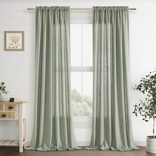 Vista 100 de Cortinas de lino verde aguamarina de 84 pulgadas de largo, juego de 2 paneles semitransparentes con bolsillo para barra para comedor, decoración