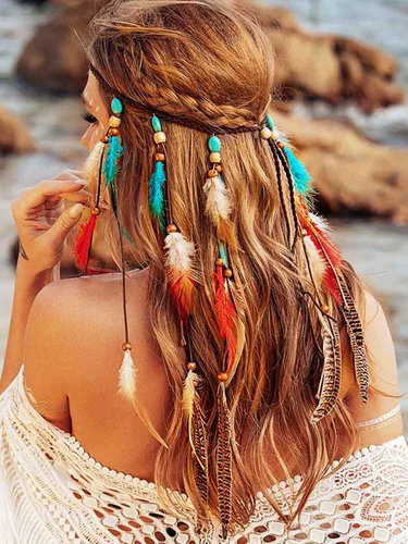 Vista 4 de CAKURE Diadema de plumas bohemias, tocado gitano, bohemio, turquesa, diadema azul hippie, diadema ajustable, accesorios para el cabello de plumas
