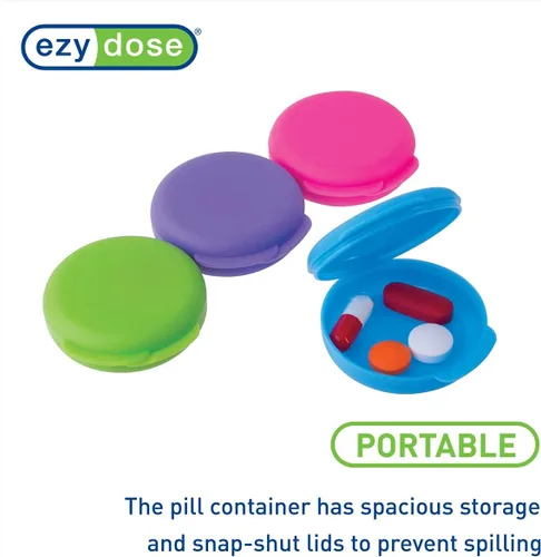 Vista 4 de EZY DOSE Farmacia diaria redonda, compacta, pequeña, discreta, portátil de bolsillo, pastillero, organizador y recipientes de vitaminas, tapas