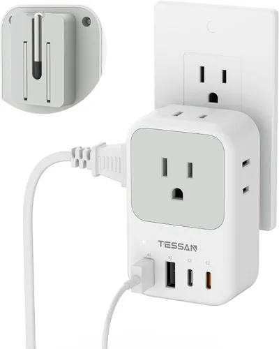 Vista 10 de TESSAN Bloque de cargador USB C de 20 W PD, adaptador de carga rápida con enchufe plegable, extensor de toma de corriente de 1875 W (4 CA y 4 USB)