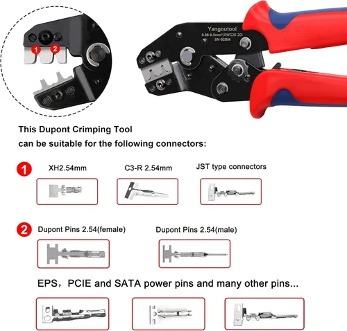 Vista 4 de Yangoutool Engarzadora JST: AWG28-20 (0.08-0.5mm²), compatible con XH 2.54, 3.96, PH2.0, PX, SM, SH, Molex, conectores Dupont Modelo SN02BM