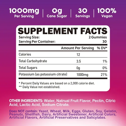Vista 4 de duwhot Gomitas de citrato de potasio de 1000 mg, suplemento de potasio para adultos, mujeres y hombres, ayuda a calambres en las piernas y la salud
