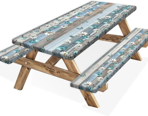 Vista 30 de Funda para Mesa de Picnic con Fundas para Bancos y Bolsa, Campista de Madera Impermeable Resistente al Viento, Cubierta de Mantel Ajustada con Borde