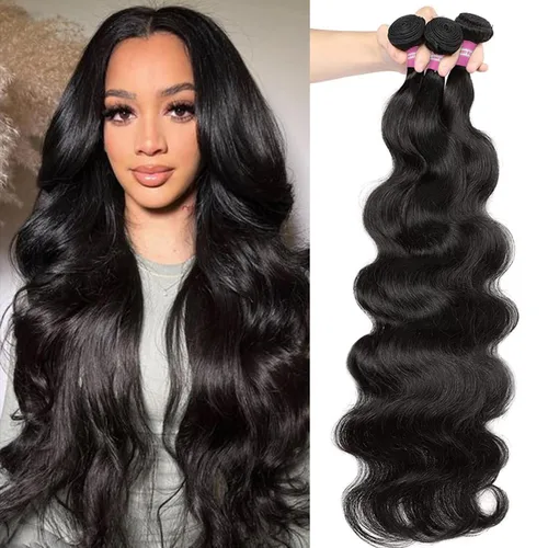 Vista 34 de DMKEEP Extensiones de cabello humano ondulado con cierre, 12, 14, 16+10 pulgadas, 100% cabello virgen brasileño sin procesar, 3 paquetes con cierre