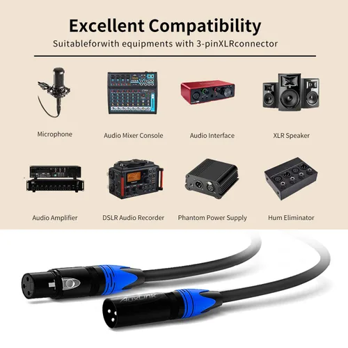 Vista 2 de Cable XLR, cables de micrófono de 1.5 pies, cable XLR corto macho a hembra de 3 pines adecuado para sistemas de altavoces, estación de radio