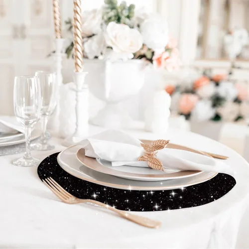 Vista 4 de Juego de 4 manteles individuales negros de cuero brillante con purpurina de 15.4 pulgadas para decoración de fiestas, bodas, día de Acción
