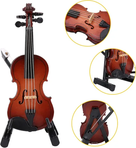 Vista 8 de Violonchelo miniatura de madera con soporte, arco y estuche Mini instrumento musical en miniatura modelo de casa de muñecas para decoración del hogar