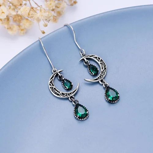 Vista 5 de VONALA Aretes de luna para mujer, plata de ley 925, aretes colgantes de luna celta, esmeralda, amatista, rubí, zafiro, rosa, peridoto, aguamarina