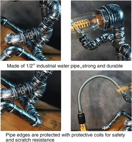 Vista 4 de Lámpara de mesa Steampunk, robot de tubería de agua, estilo industrial vintage, lámpara de mesa de escritorio para mesita de noche, cafetería, bar