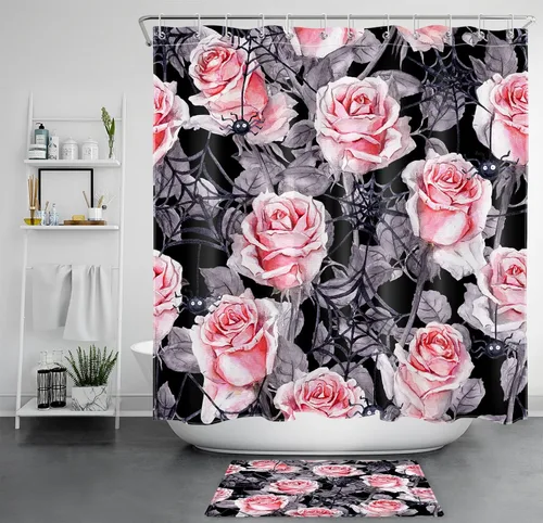 Vista 25 de LB Cortina de ducha de feliz Halloween para baño, flamenco rosa y calabaza naranja con sombrero mágico, cortina de ducha de tela con ganchos, juego