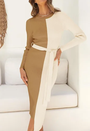 Vista 8 de ZESICA Vestido de punto acanalado para mujer, elegante vestido de manga larga con cuello redondo y lazo en la cintura ajustado ajustado