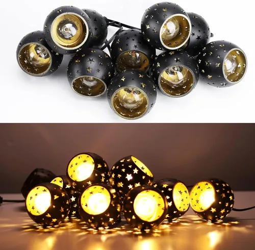 Vista 5 de Vigdur Guirnalda de luces tipo farol, tira de luces de estrella enchufable con 10 bombillas G40 transparentes y pantallas de plástico de estrella