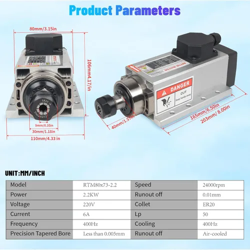 Vista 7 de RATTMMOTOR Motor de husillo de 2.2KW 220V cuadrado refrigerado por aire ER20, 24000RPM husillo de alta velocidad 4 rodamientos trifásicos 6A 400Hz