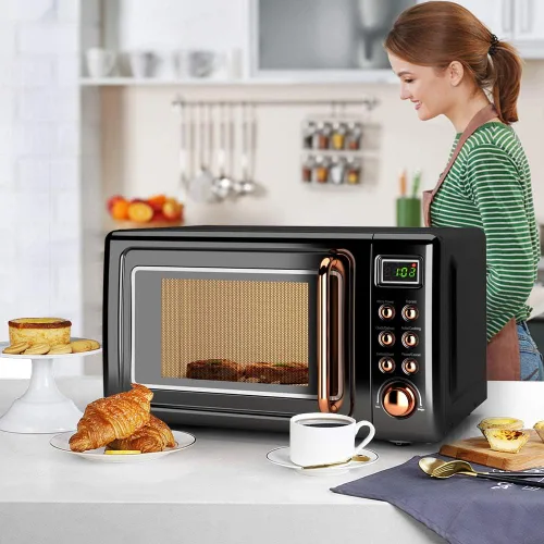 Vista 7 de Horno microondas retro, Safeplus de 0.7 pies cúbicos, microondas de 700 W con placa de acero laminado en frío, 5 micro descongelación y función