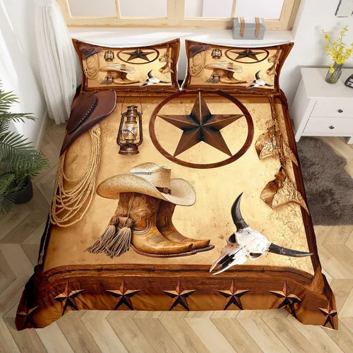 Vista 6 de Feelyou Texas Star - Juego de funda de edredón tamaño individual, diseño bohemio de vaquero para niños y niñas, funda de edredón azteca del salvaje