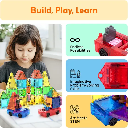 Vista 4 de PicassoTiles Kit de Construcción de Juguete de 2 Piezas Carro Mini Camión Conjunto de Vehículo para Bloques Magnéticos Piezas de Construcción
