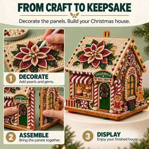 Vista 4 de Kit de pintura de diamante de casa de Navidad 3D para adultos, arte