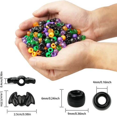 Vista 2 de 1200 cuentas de poni de Halloween a granel, 45 cuentas de murciélago negro, morado, naranja, verde, cuentas Kandi de plástico de 0.236 x 0.354 8