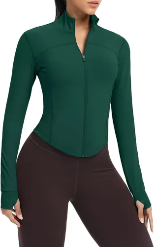 Vista 75 de AVGO Chaquetas de entrenamiento recortadas para mujer, con cremallera, ajustadas, atléticas, con agujeros para el pulgar