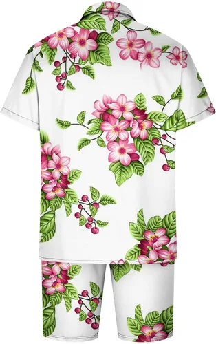 Vista 3 de Muscularfit Camisas hawaianas para hombre, estilo casual, con botones, de manga corta, para verano, conjunto de camisa y pantalones cortos de playa