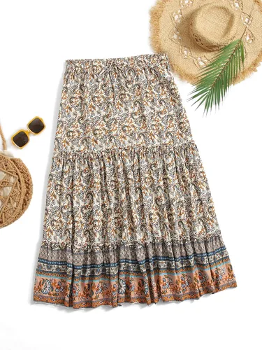 Vista 7 de Milumia Women Boho Vintage Floral Print Long Skirt Summer Tiered Maxi Skirt