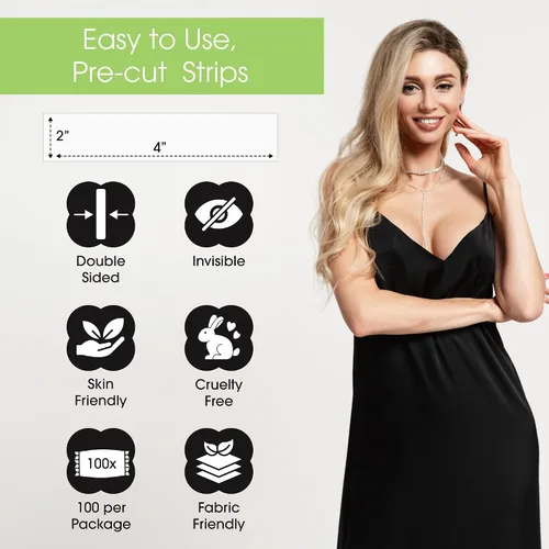Vista 2 de Double Scoop® Tiras de cinta transparente de doble cara para moda (100 unidades), agradables al tacto para ropa, camisa + brasier, cinta adhesiva