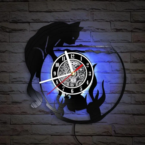 Vista 4 de The Geeky Days Reloj de pared con iluminación LED de gato negro con pecera, lámpara de noche para guardería, habitación de niños, gatito juguetón